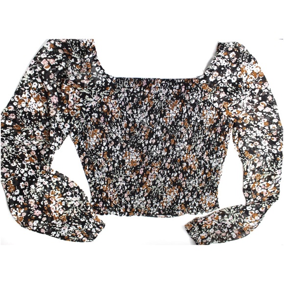 Lulus Puff Sleeve Cropped Semi Sheer Long Sleeve Floral Top XS - Picture 5 of 7